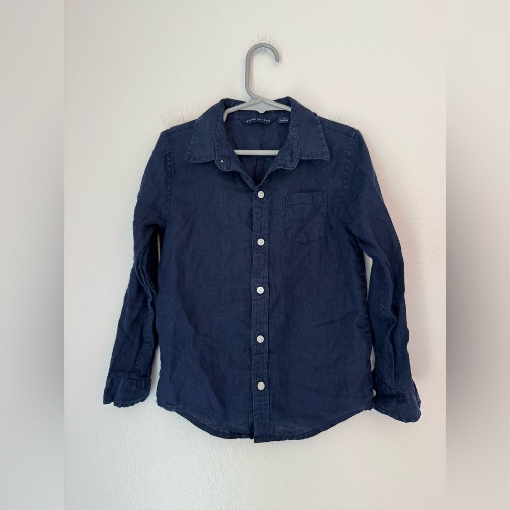 Janie & Jack Connor Navy Blue Button Down 100% Linen - Size 5